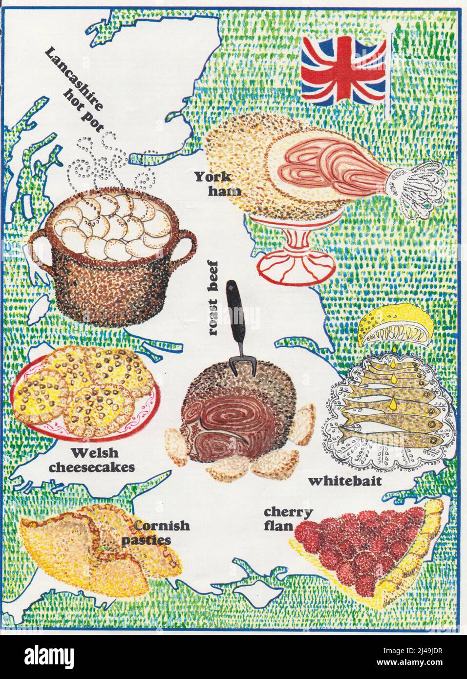 Illustration map of England and british favourite food welsh cheesecakes roast beef lancashire hot pot york ham whitebait charry flan english cuisine Stock Photo