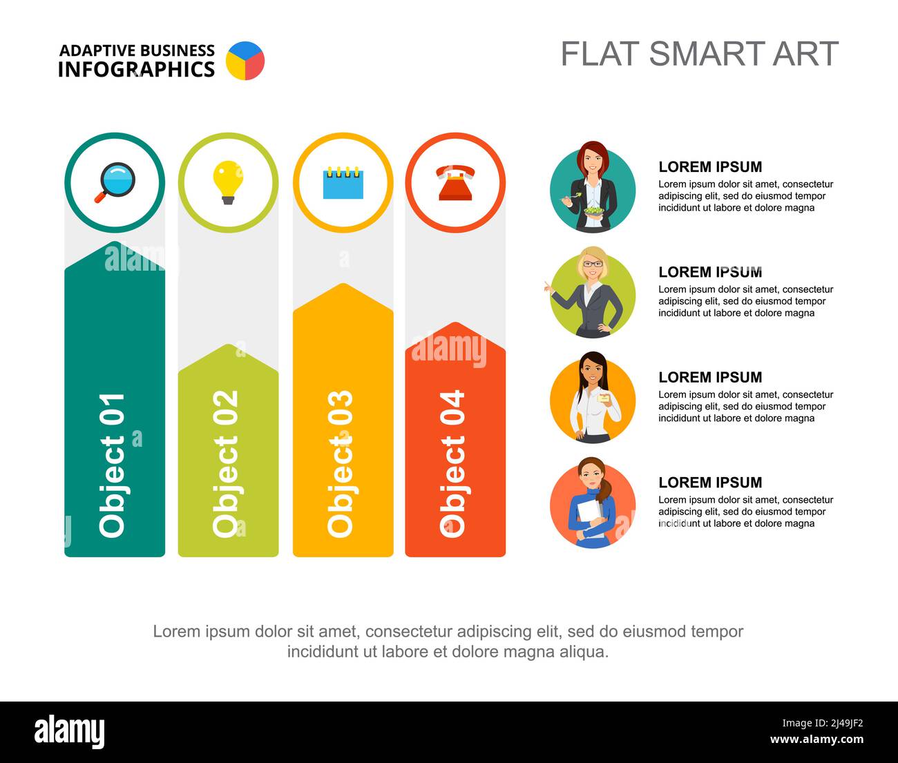 Four coworkers process chart template for presentation. Business data visualization. Entrepreneurship, planning, management or teamwork creative conce Stock Vector