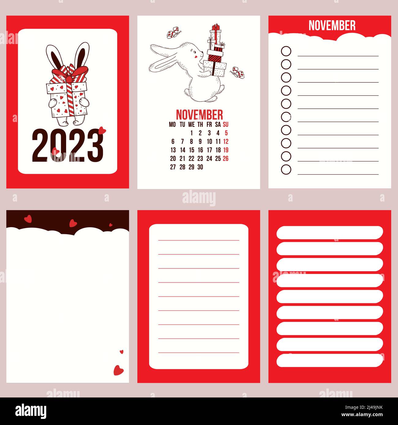 Cute November 2023 Calendar Big Set Calendar Planner With Cover For November 2023 With Cute Rabbit And  Pages, Notes, Control And To Do List. Vector Illustration. Week From Sunday  Stock Vector Image & Art - Alamy