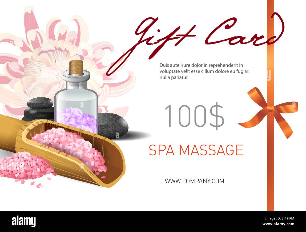 Gift card, spa massage lettering and salt in scoop. Spa salon gift