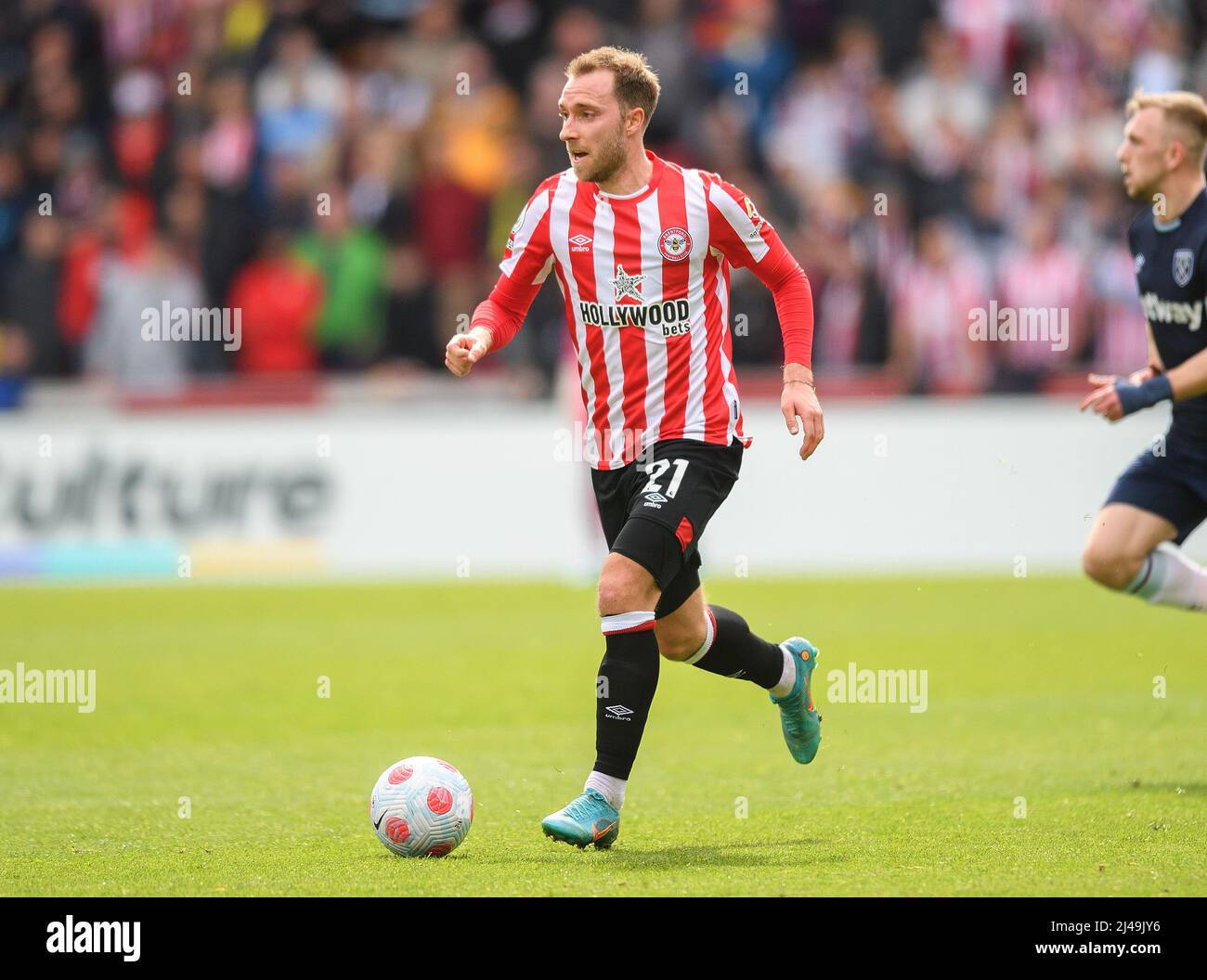 10 April 2022 - Brentford v West Ham United - Premier League - Brentford Community Stadium Brentford's Christian Eriksen during the match against Wes Stock Photo