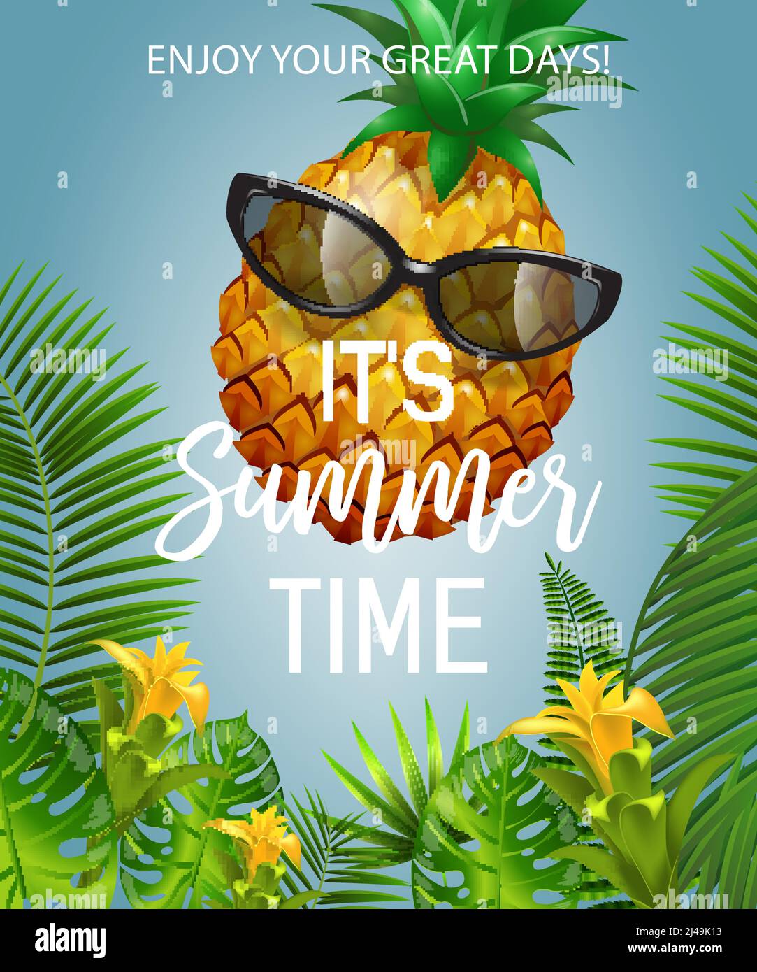 It is summer time lettering with pineapple in sunglasses. Summer offer design. Handwritten and typed text, calligraphy. For leaflets, brochures, invit Stock Vector