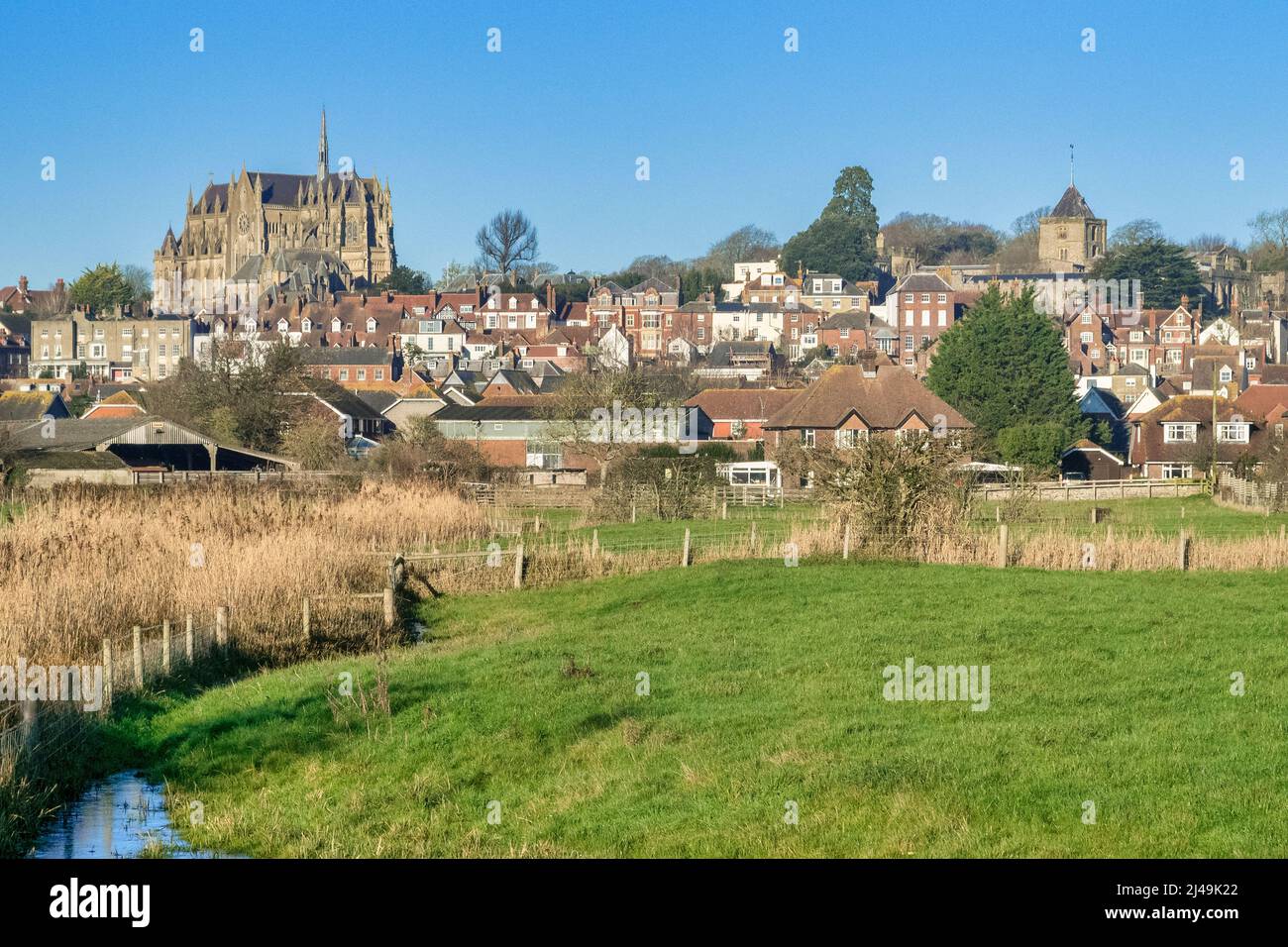 The market town of Arundel, West Sussex, with its skyline dominated by the Roman Catholic Cathedral and the Church of St Nicholas. Stock Photo