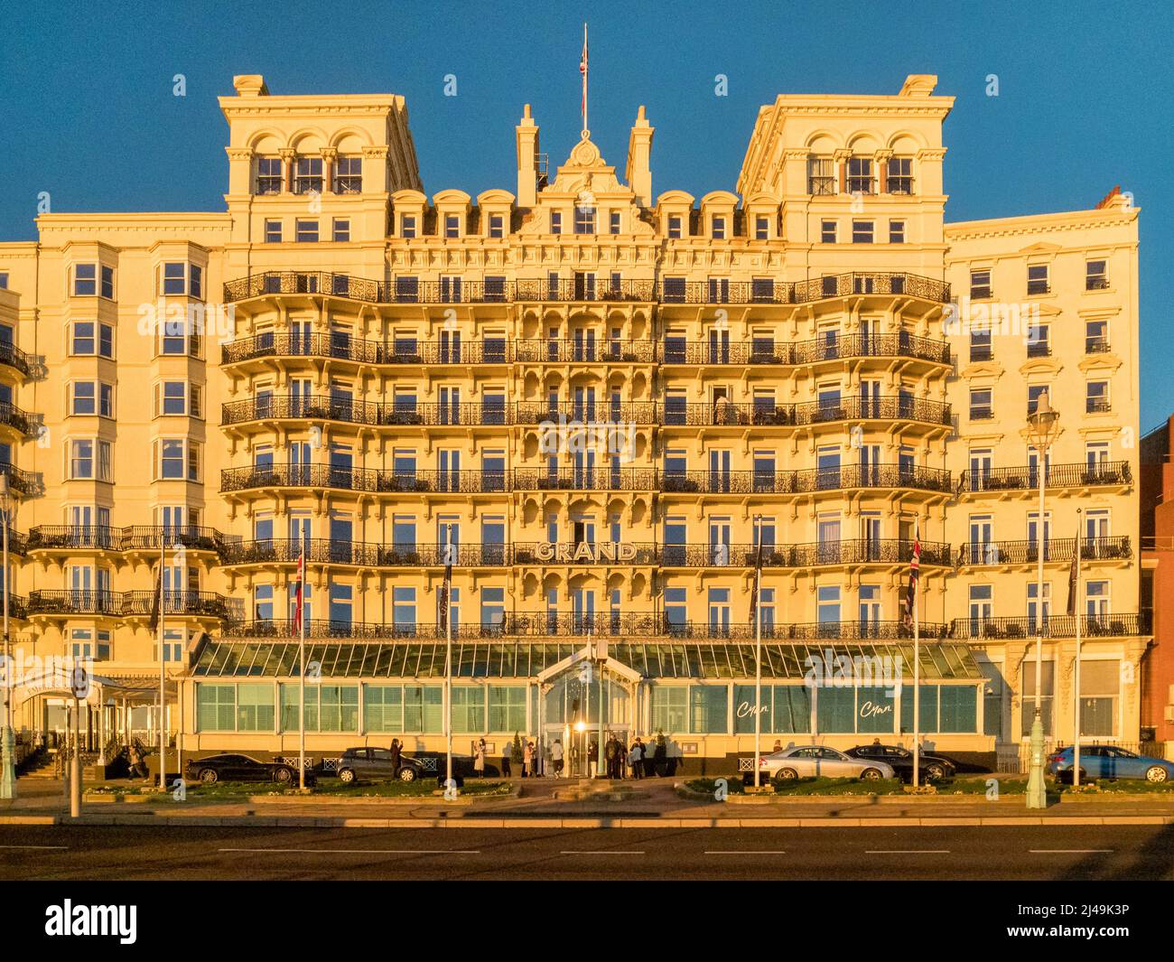 13 January 2022: Brighton, East Sussex, UK - The Grand Hotel, Brighton, sunlit on a clear winter afternoon. Stock Photo