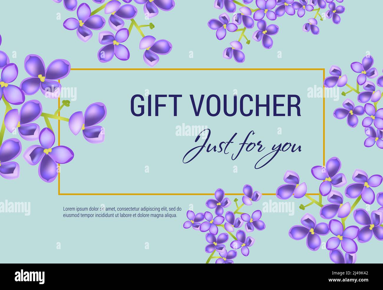 Just for you gift voucher design with lilac blossoms and frame on light