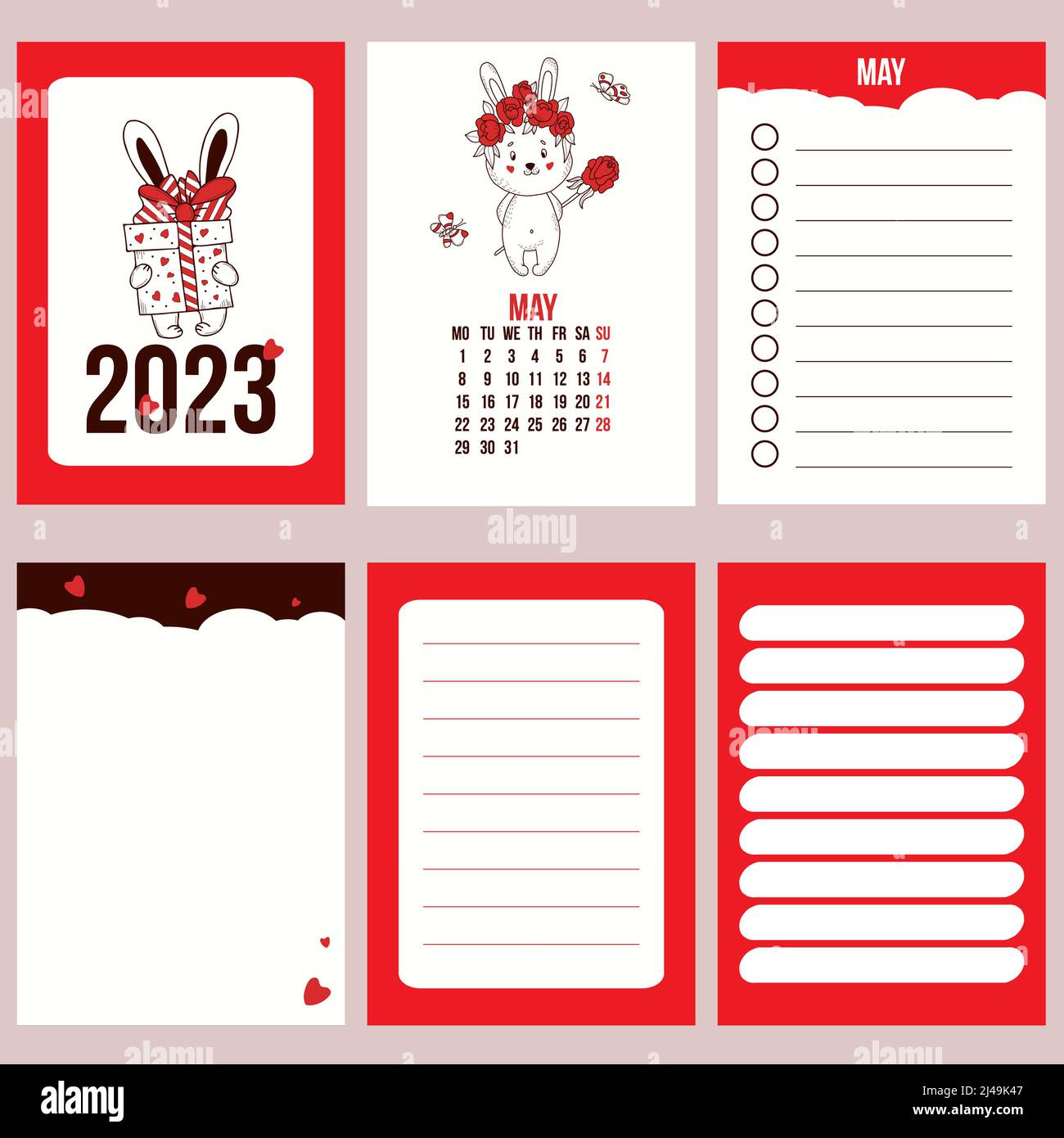 Collection Calendar Template For May 2023 With Cute Rabbit Of Flowers And  Planner Pages, Notes, To Do List. Vector Illustration. Week From Monday. In  Stock Vector Image & Art - Alamy