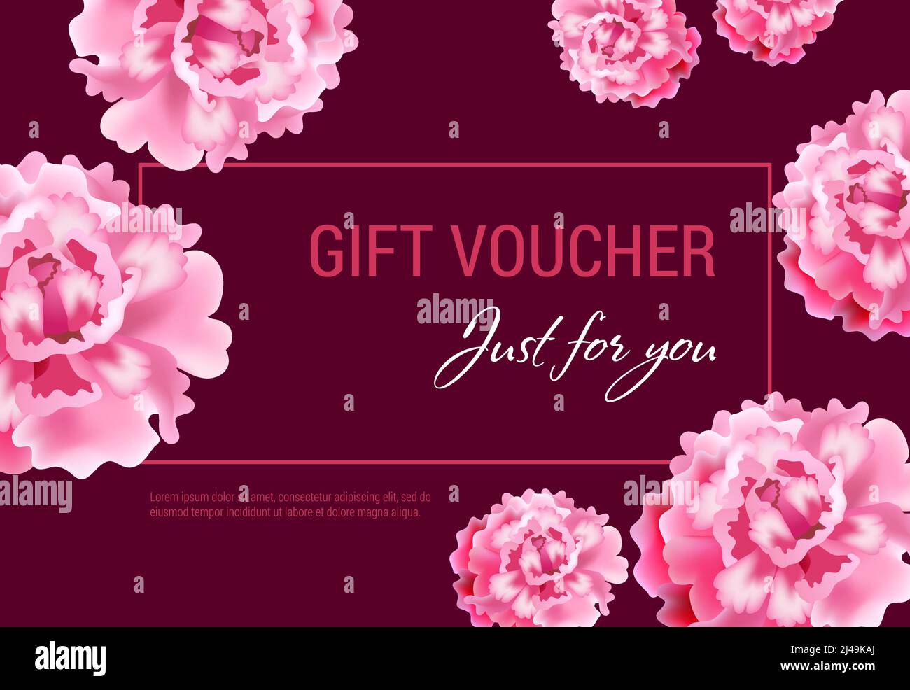 Just for you gift voucher design with pink flowers and frame on vinous background. Text can be