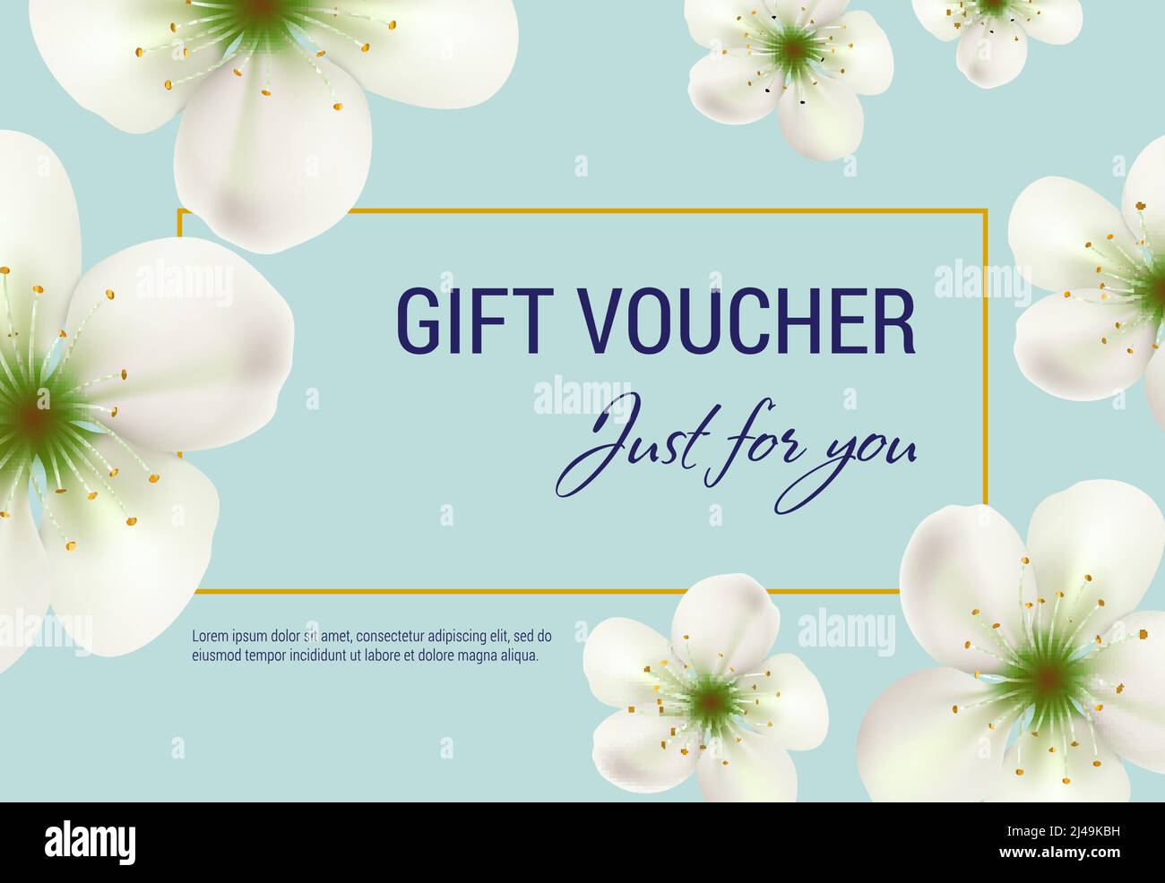 Just for you gift voucher design with white blossoms and frame on light