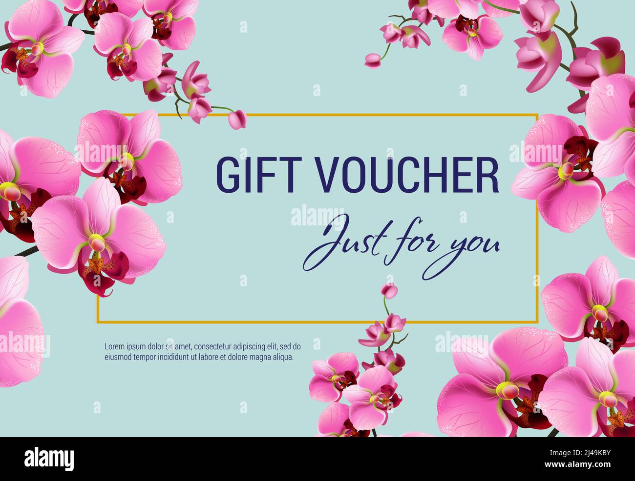 Just for you, gift certificate design with pink flowers and frame on light blue background. Text