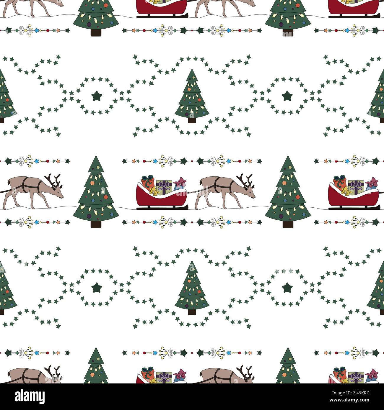 Christmas seamless pattern. Reindeer and his sleigh filled with gifts. Christmas tree. Transparent background. Vector illustration. Stock Vector