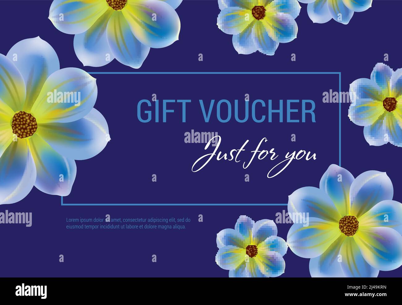 Just for you gift voucher design with flowers and frame on dark blue background. Text can be