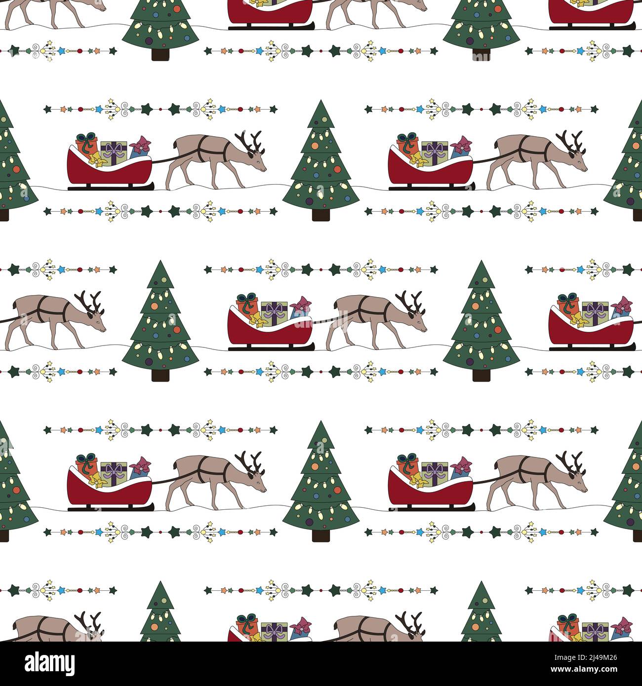 Christmas seamless pattern. Reindeer and his sleigh filled with gifts. Christmas tree. Transparent background. Vector illustration. Stock Vector