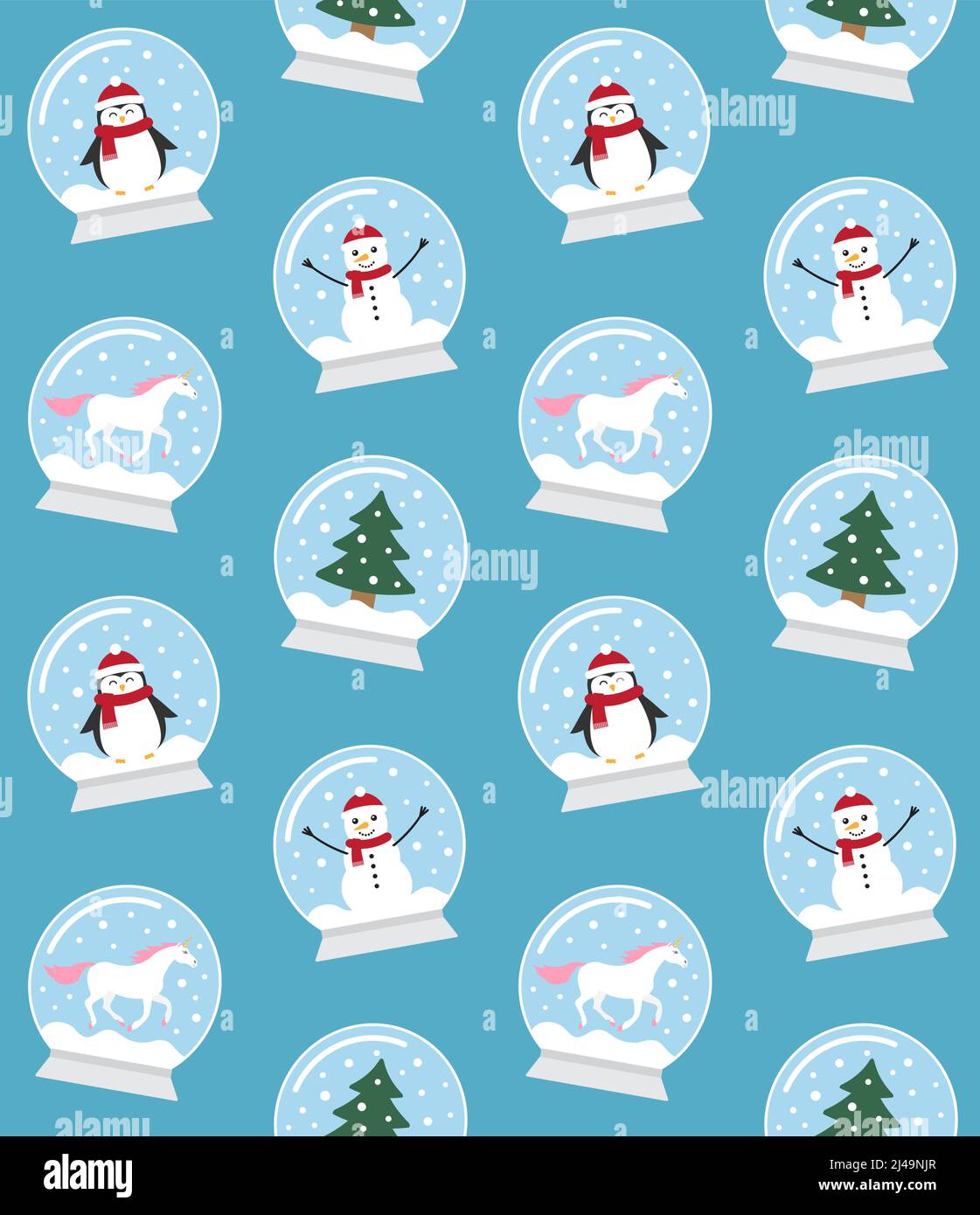 Vector seamless pattern of flat cartoon snow balls with penguin, snowman, unicorn and Christmas tree spruce isolated on blue background Stock Vector