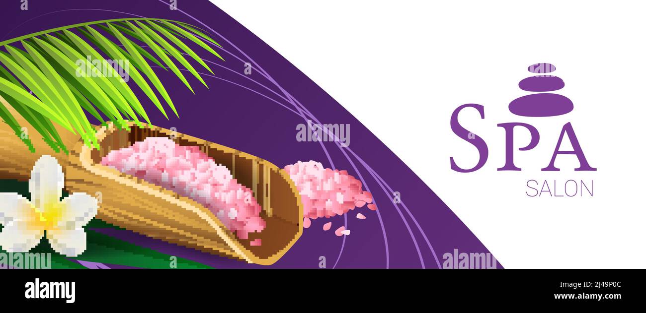 Spa salon coupon design with pink salt, wooden scoop, palm leaf and