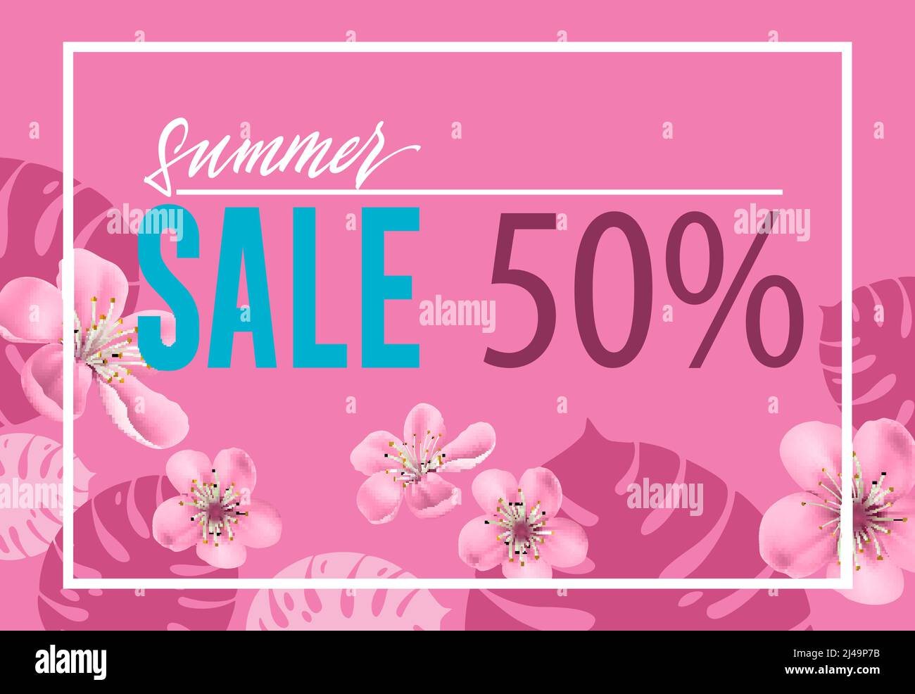Summer sale, fifty percent pink poster design with flowers and leaf