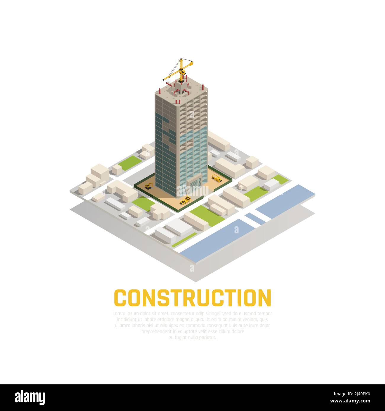 Colored isometric construction composition with construction of tower in the city center vector illustration Stock Vector