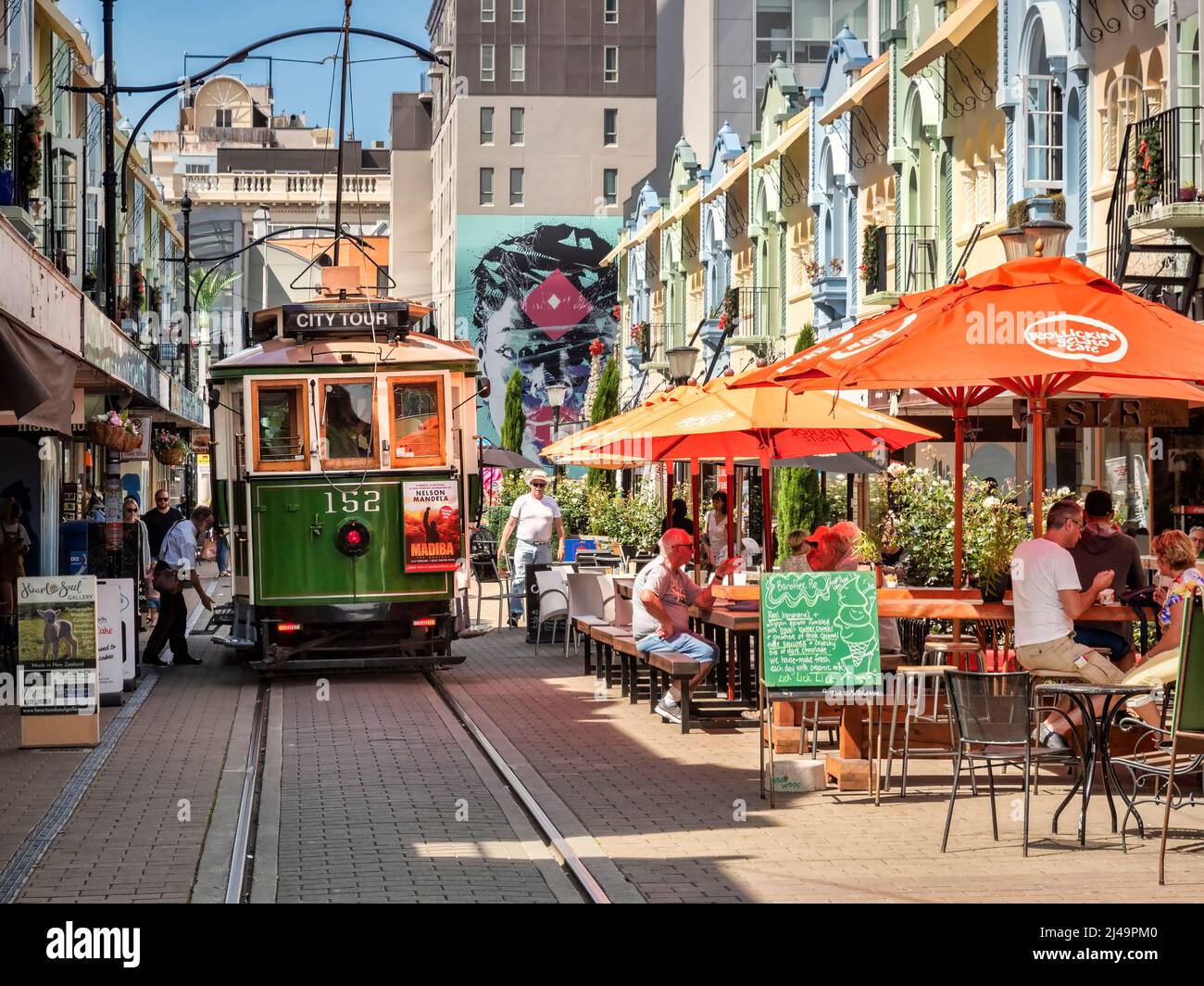 3 January 2019: Christchurch, New Zealand - New Regent Street in the centre of Christchurch, with outdoor cafes and speciality shops, and the tram rou Stock Photo