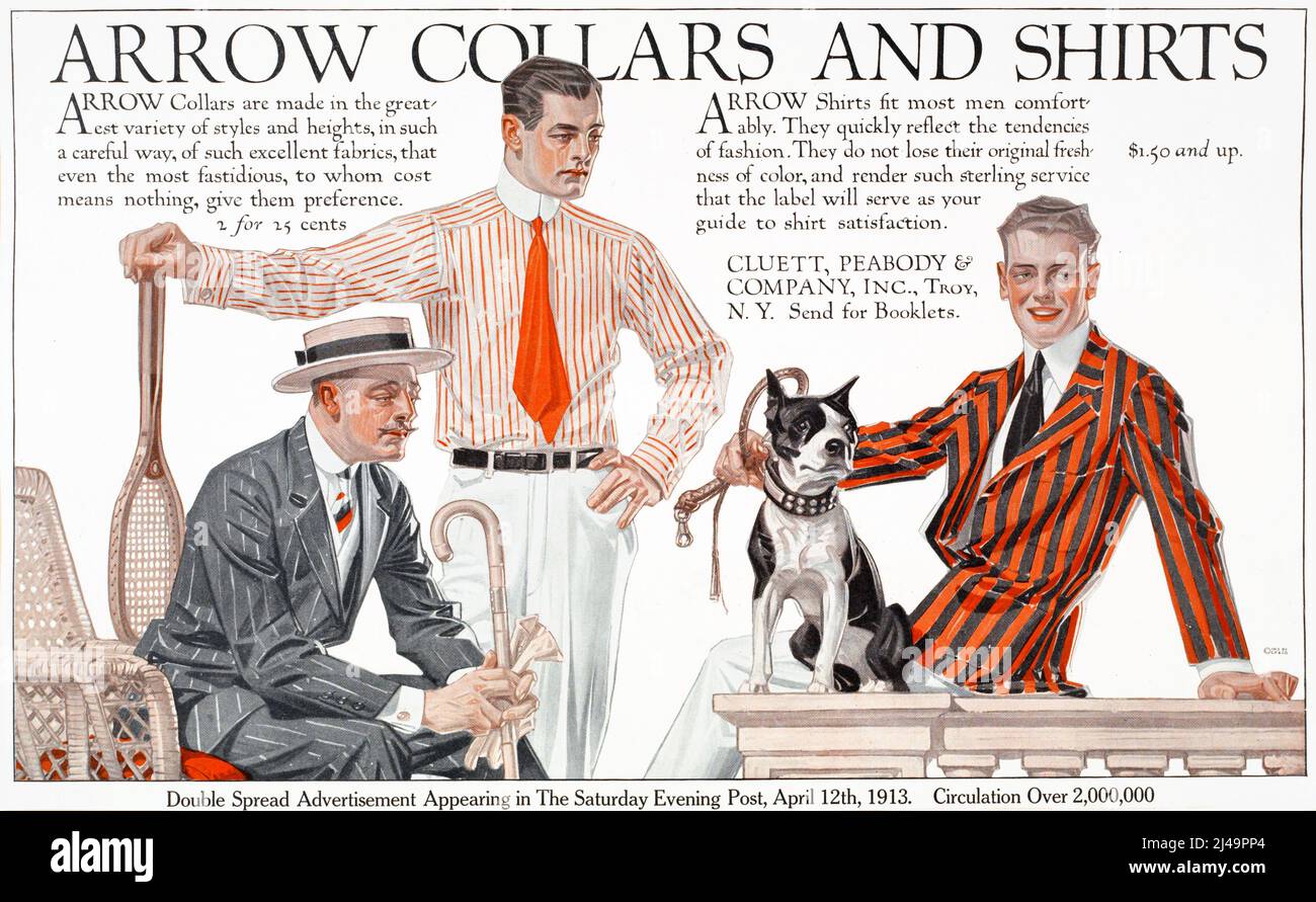 Arrow collars & shirts. Advertisement in The Saturday evening post (1895 - 1917) Double spread ad by JC Leyendecker - Arrow collars & shirts. 1913. Stock Photo