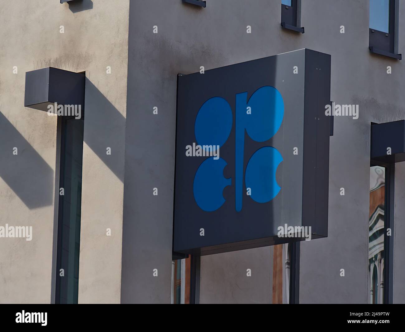 View of the logo of the Organization of the Petroleum Exporting Countries (OPEC) at its headquarters in Vienna, Austria in a modern office building. Stock Photo