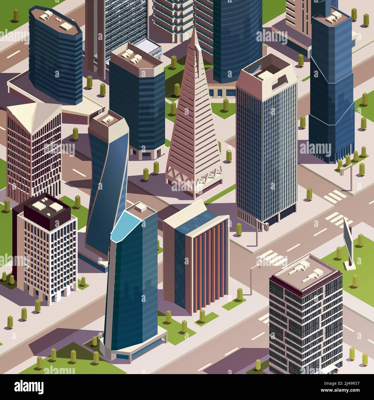 City skyscrapers isometric composition with realistic view of modern