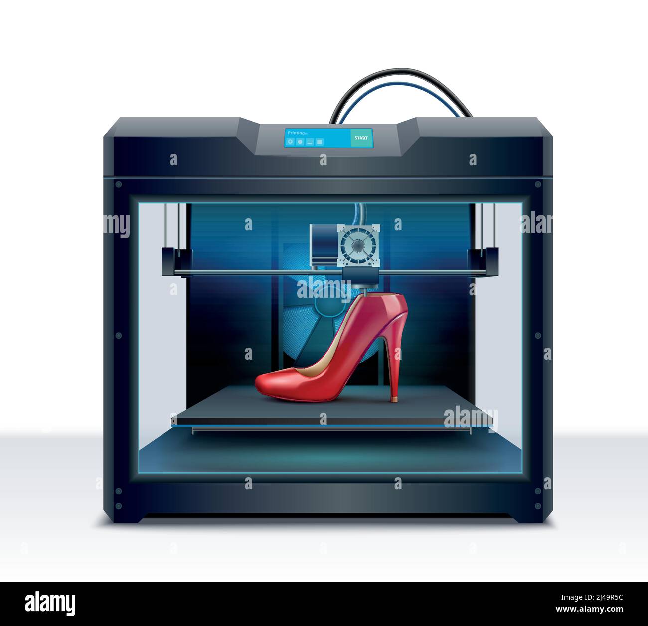 3d printing of red high heeled shoe process isometric composition vector illustration Stock
