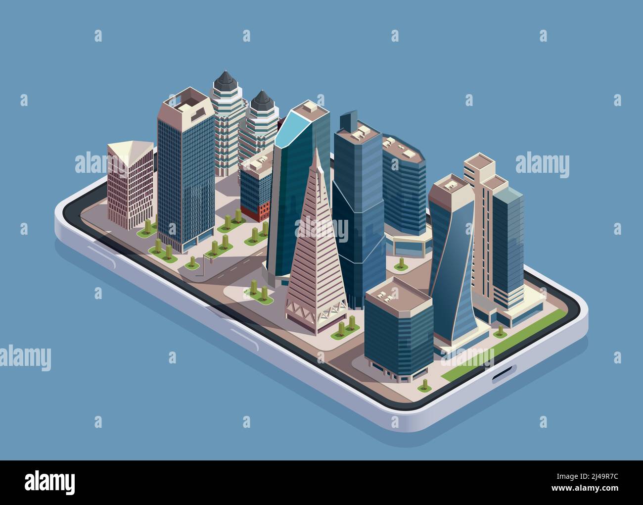 City skyscrapers isometric concept with smartphone body and block of modern buildings on top of screen vector illustration Stock Vector