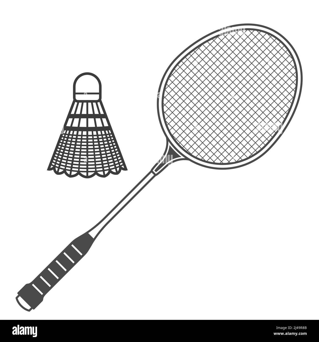 Badminton racquet and shuttlecock, badminton ball with feather and rocket, emblem, vector Stock Vector