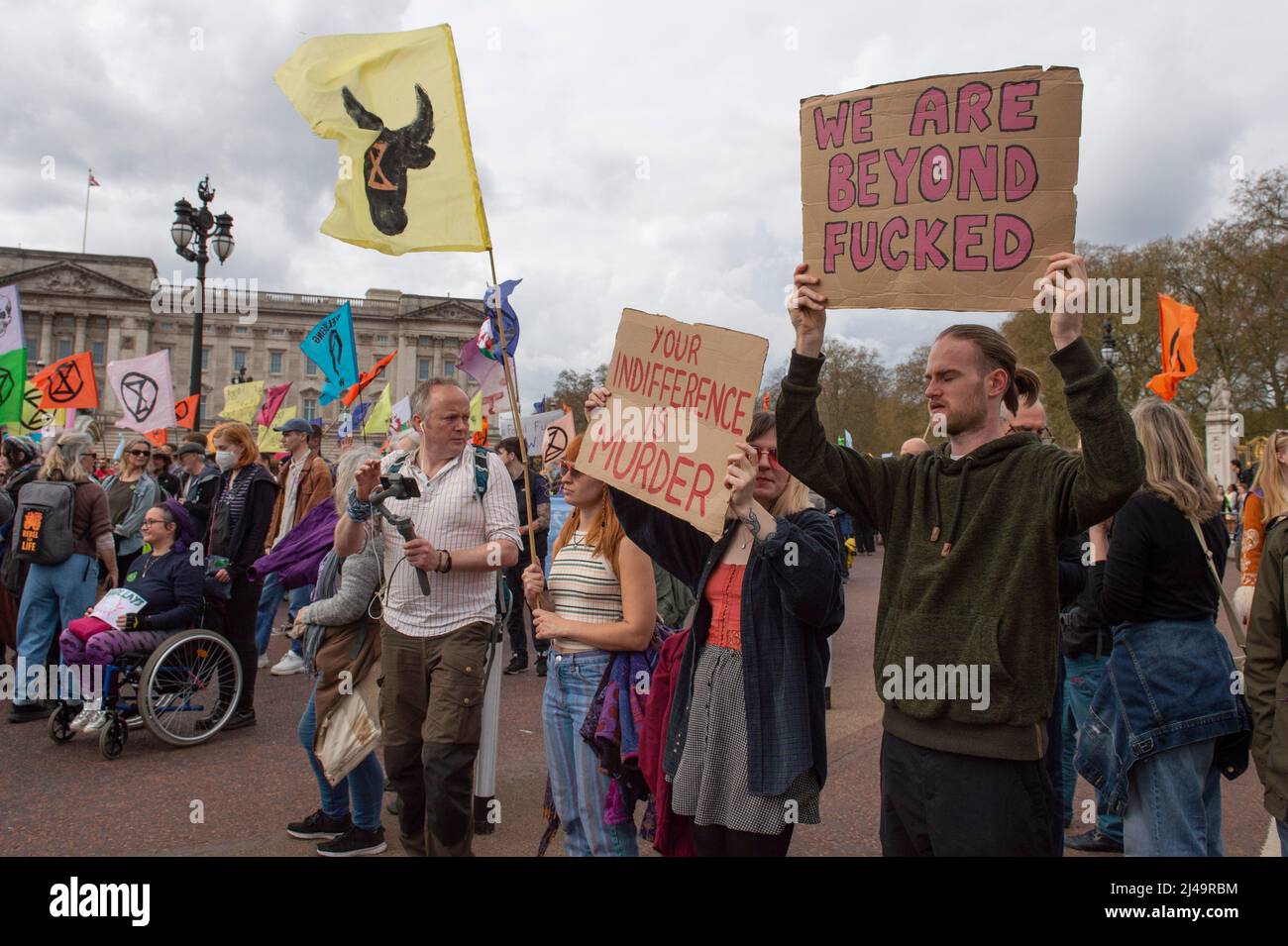 London, UK. 13th Apr, 2022. Climate change demonstraters take part in a march from Hyde Park to Westminster Bridge demanding the government take immediate action to end the UK's reliance on fossil fuels. Credit: claire doherty/Alamy Live News Stock Photo
