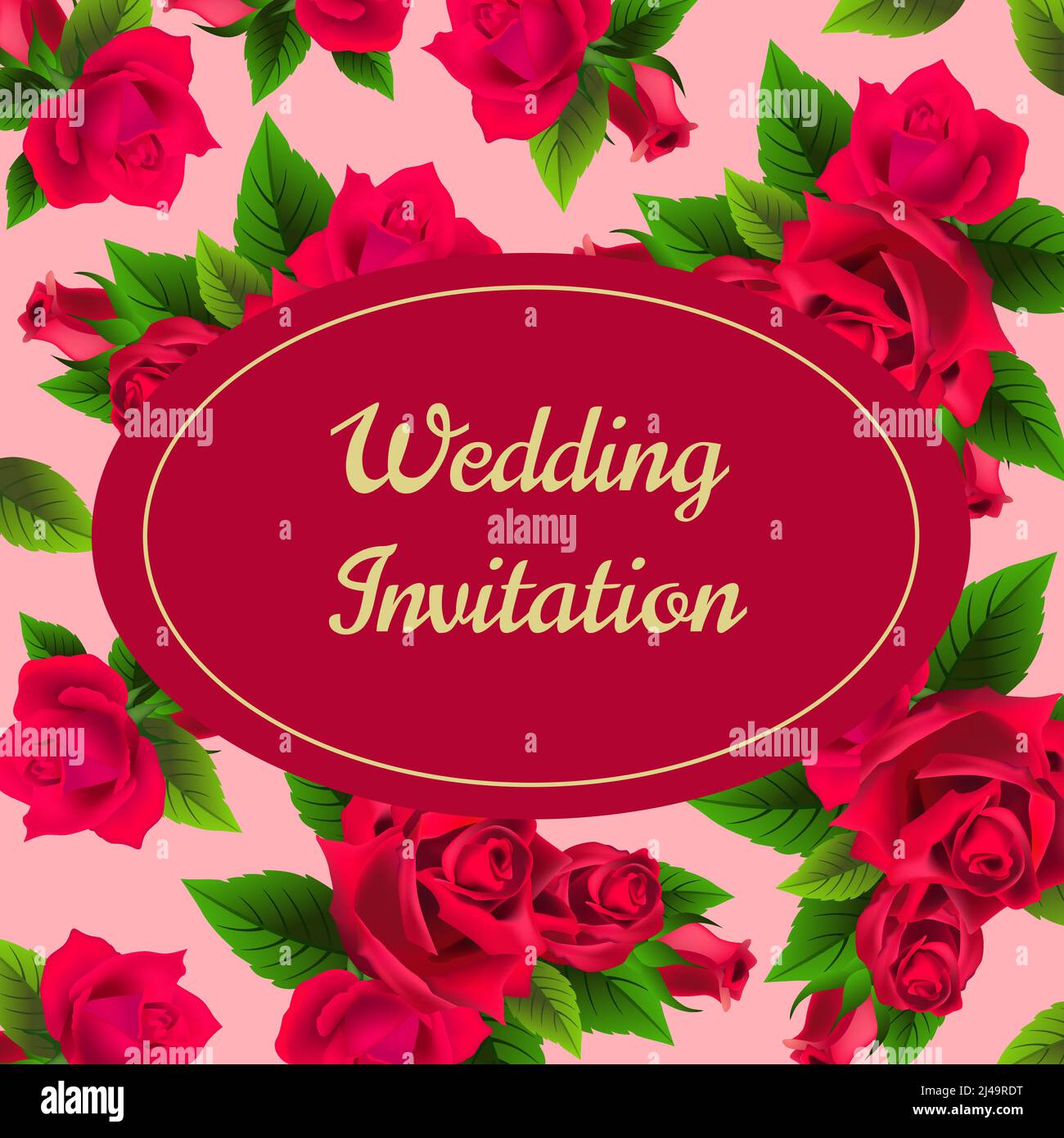 Wedding invitation card design with red roses on pink background. Text on  red oval can be used for invitations, postcards, save the date templates  Stock Vector Image & Art - Alamy