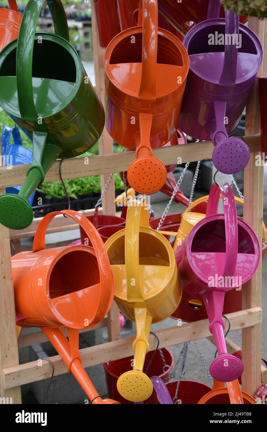 Colorful metal watering cans on display in garden store Stock Photo Alamy