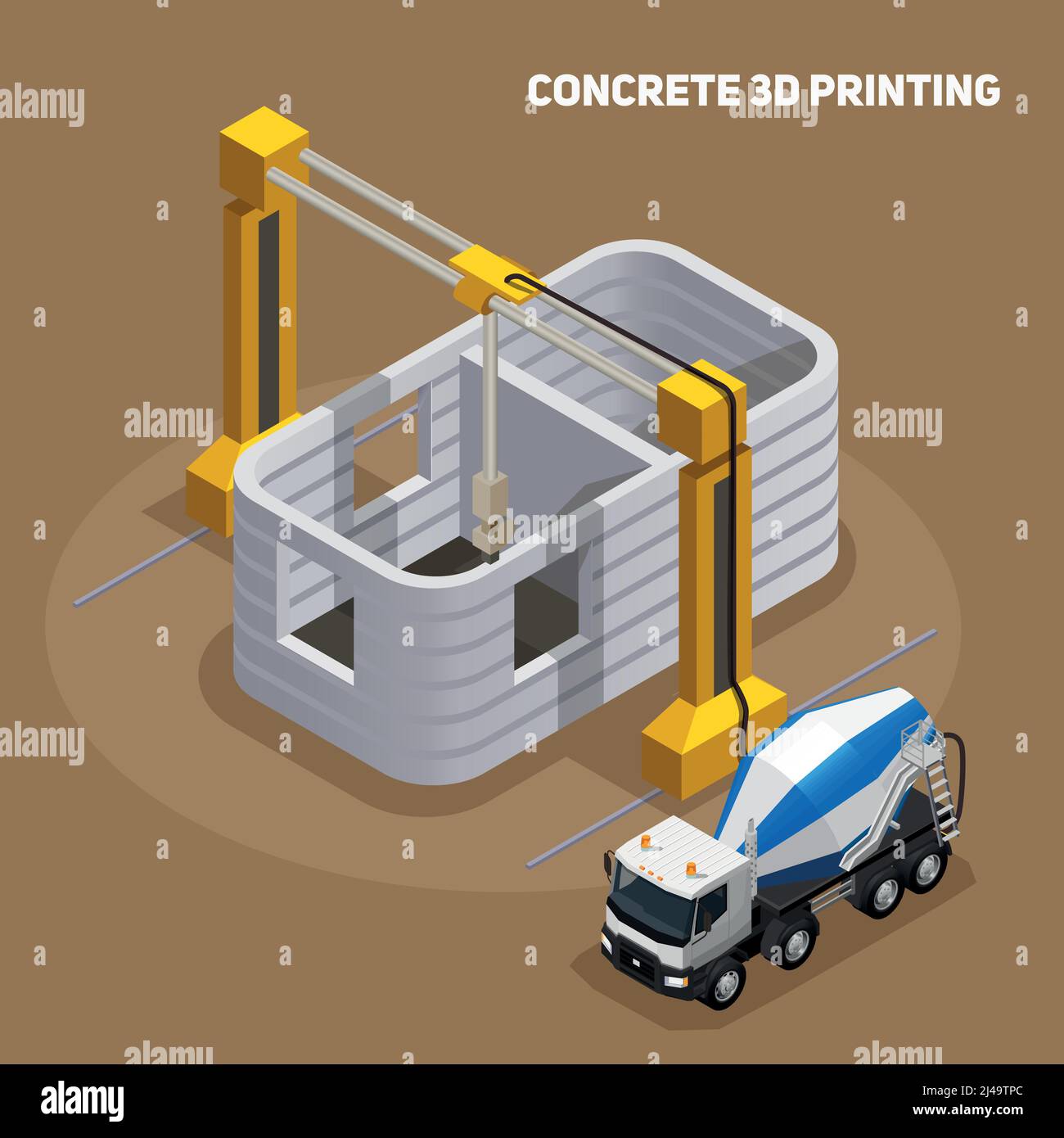 Concrete production isometric composition with view of 3d printed ...