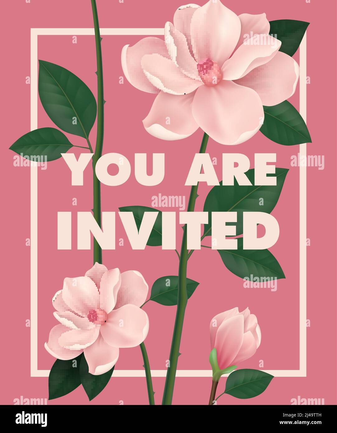 You are invited lettering with cherry flowers on pink background ...