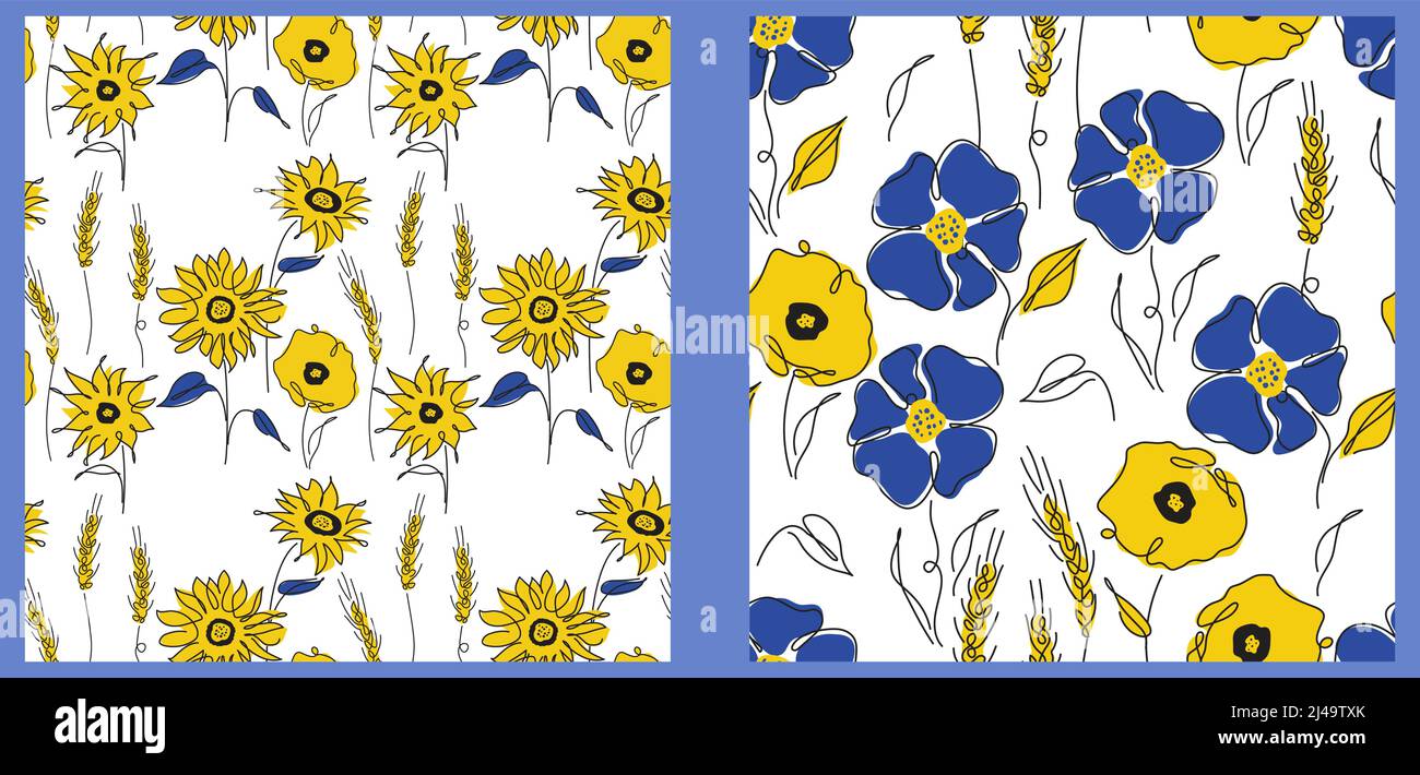Seamless pattern in Tradition Ukrainian flower, wheat, poppy, cornflower and sunflower. Vector illustration global politics, NO WAR, aggression Stock Vector