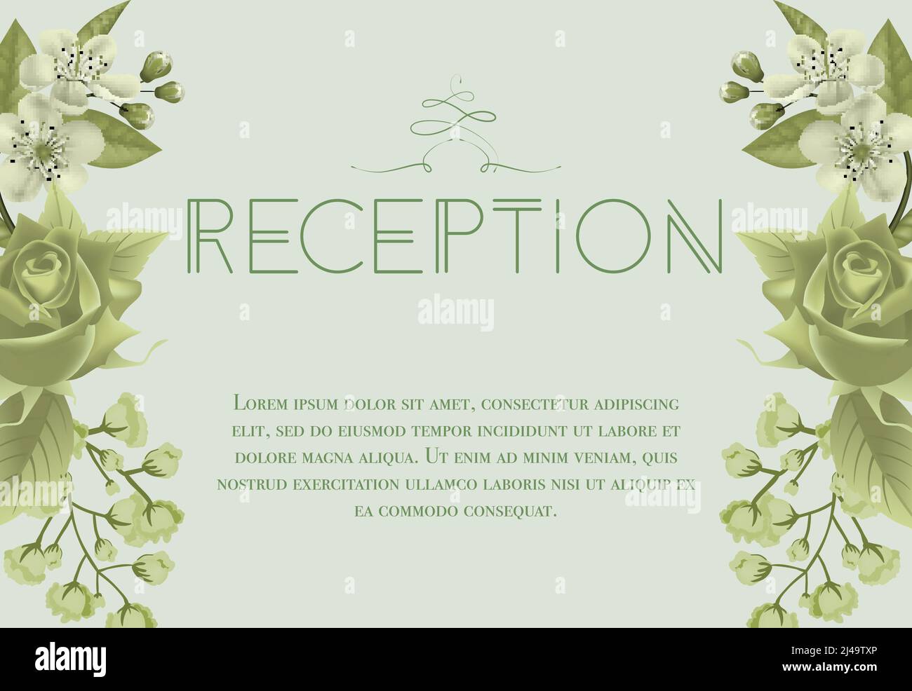 Wedding reception card design with blossoms, rose and lily of valley on  light green background. Text can be used for invitation cards, postcards,  save Stock Vector Image & Art - Alamy