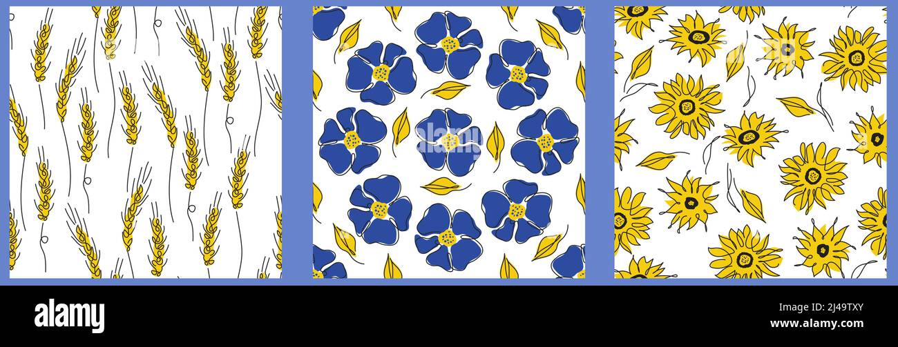 Tradition Ukrainian seamless pattern, wheat, poppy, cornflower and sunflower. Vector illustration global politics, NO WAR, aggression problem picture Stock Vector