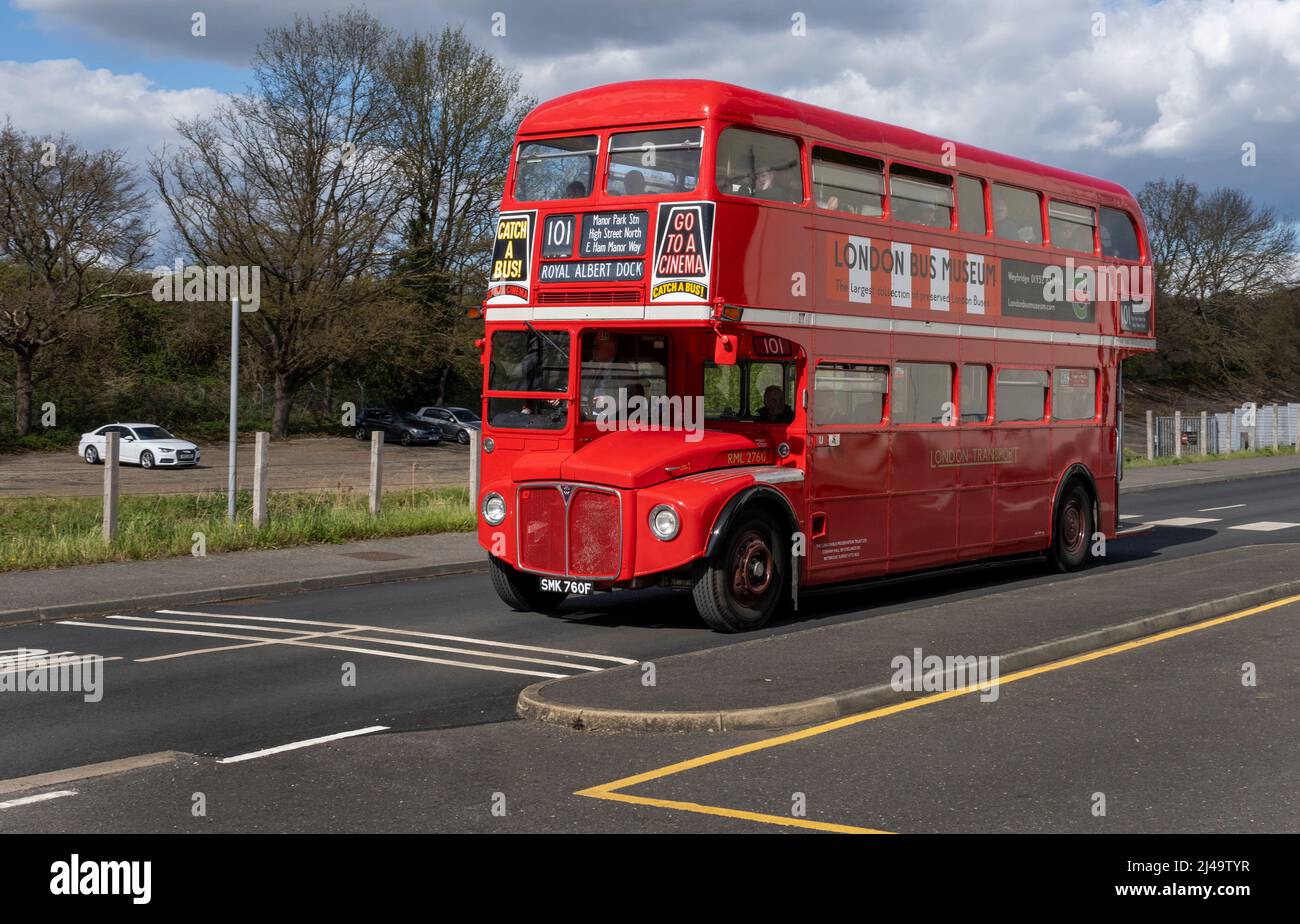 RML 2760 AEC Route master London bus registration SMK 760F travelling in Brooklands Drive, Weybridge, Surrey, England, UK Stock Photo