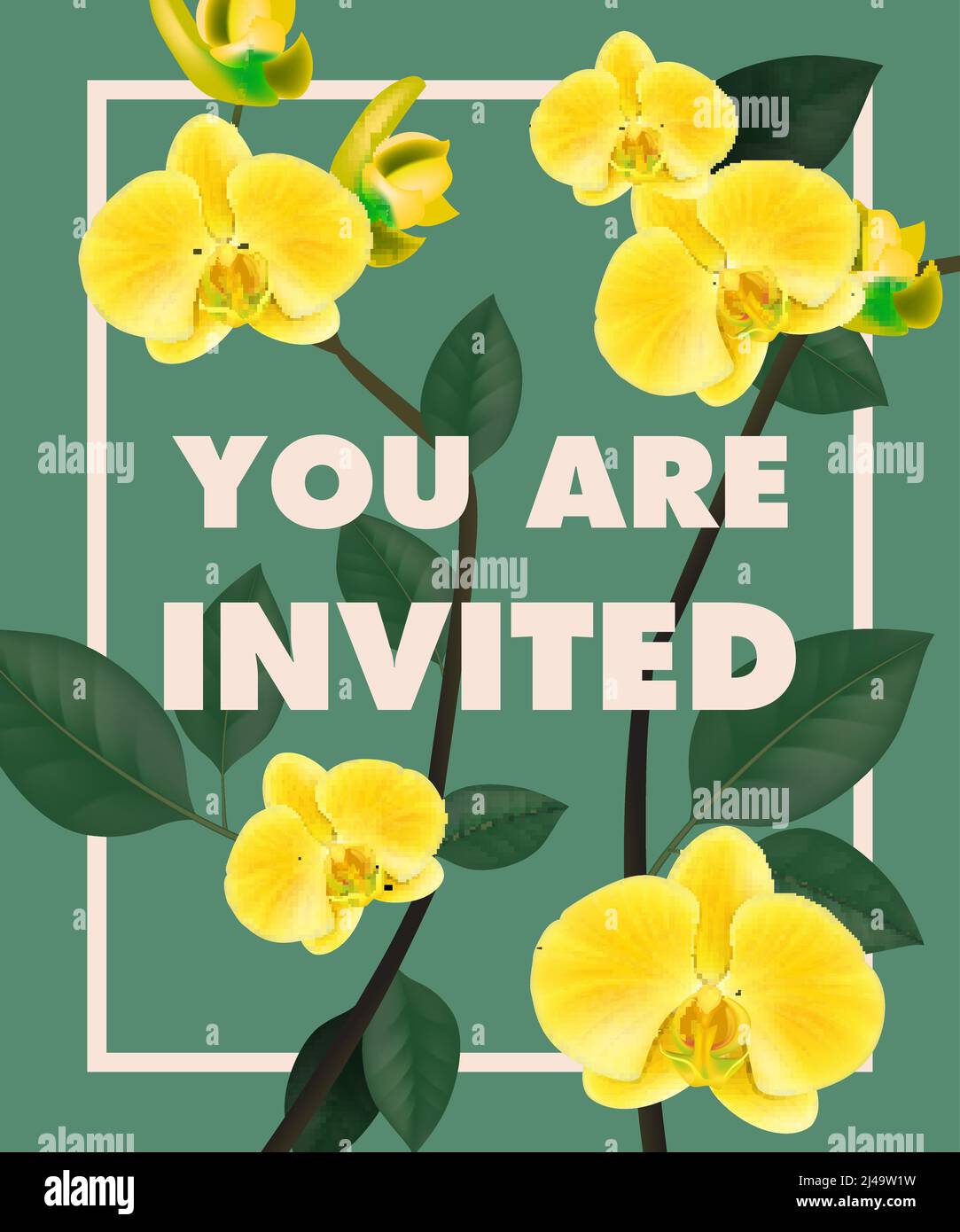You are lettering with yellow orchids in frame on blue background. Handwritten text, calligraphy. Celebration concept. Can be used for invitation, fly Stock Vector