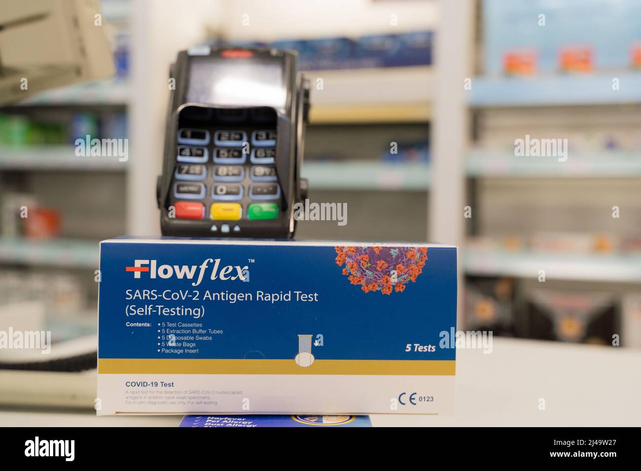 A packet of Flowflex covid19 Antigen Rapid test kit containing five