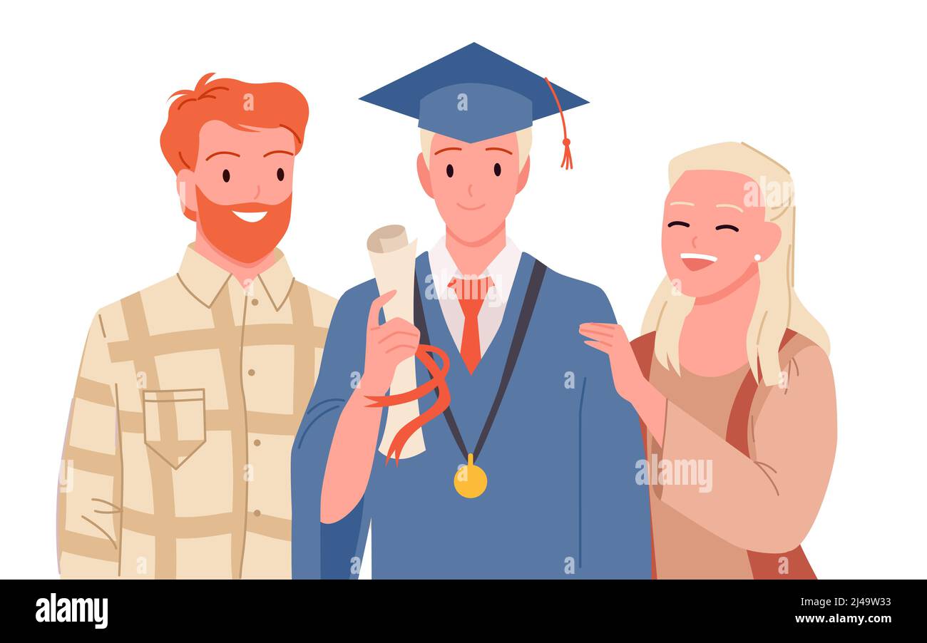 Happy family people and graduate standing together, boy in blue gown, medal and hat Stock Vector
