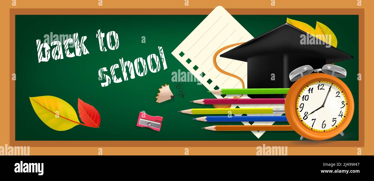 Back to school banner design with graduation cap, pencils, alarm clock ...