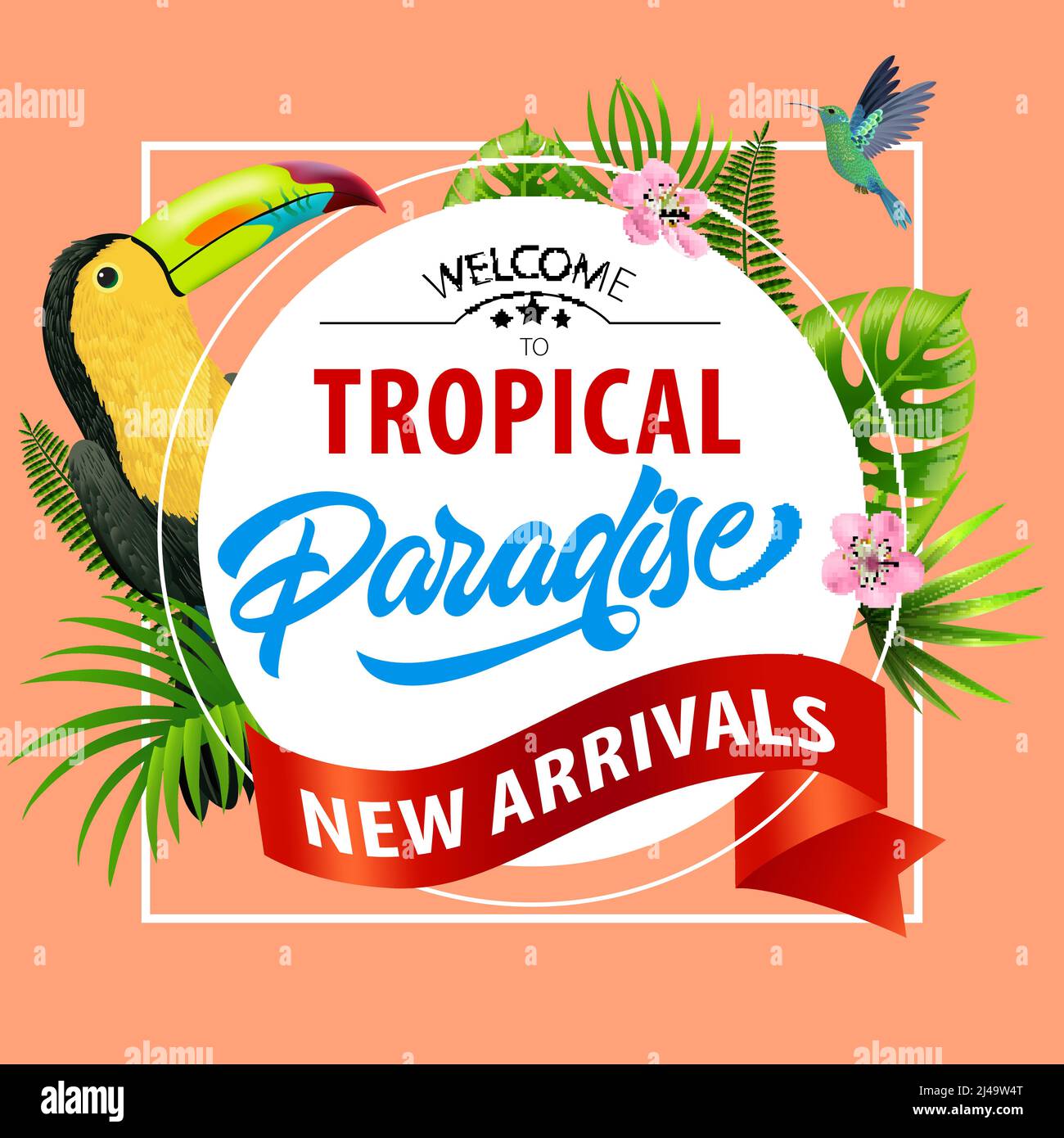 Welcome to tropical paradise, new arrivals flyer design. Pink blossoms, red ribbon, leaves and tropical birds on coral background. Text on white circl Stock Vector