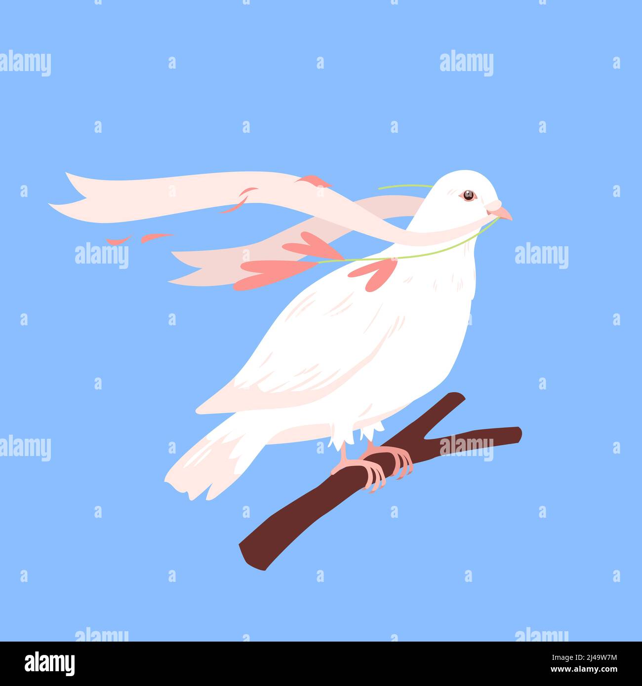 White dove sitting on branch with hearts and ribbon in beak, international day of peace Stock Vector