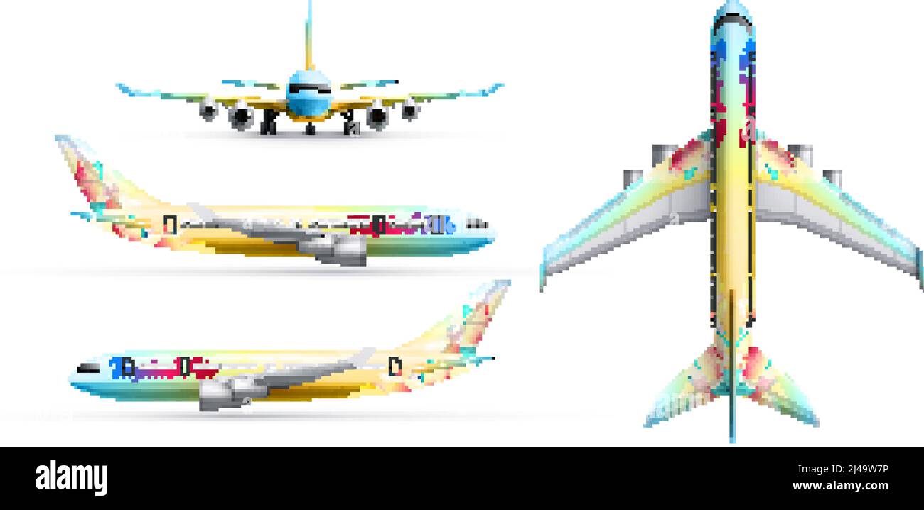 Colorful airliners realistic identity set of passenger airplane in profile top and from front isolated vector illustration Stock Vector