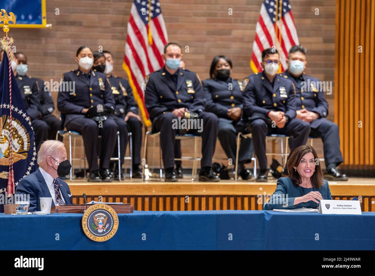 President Joe Biden, joined by New York Governor Kathy Hochul, participates in a Gun Violence Prevention Task Force meeting, Thursday, February 3, 2022, at NYPD Headquarters in New York. (Official White House Photo by Adam Schultz) Stock Photo