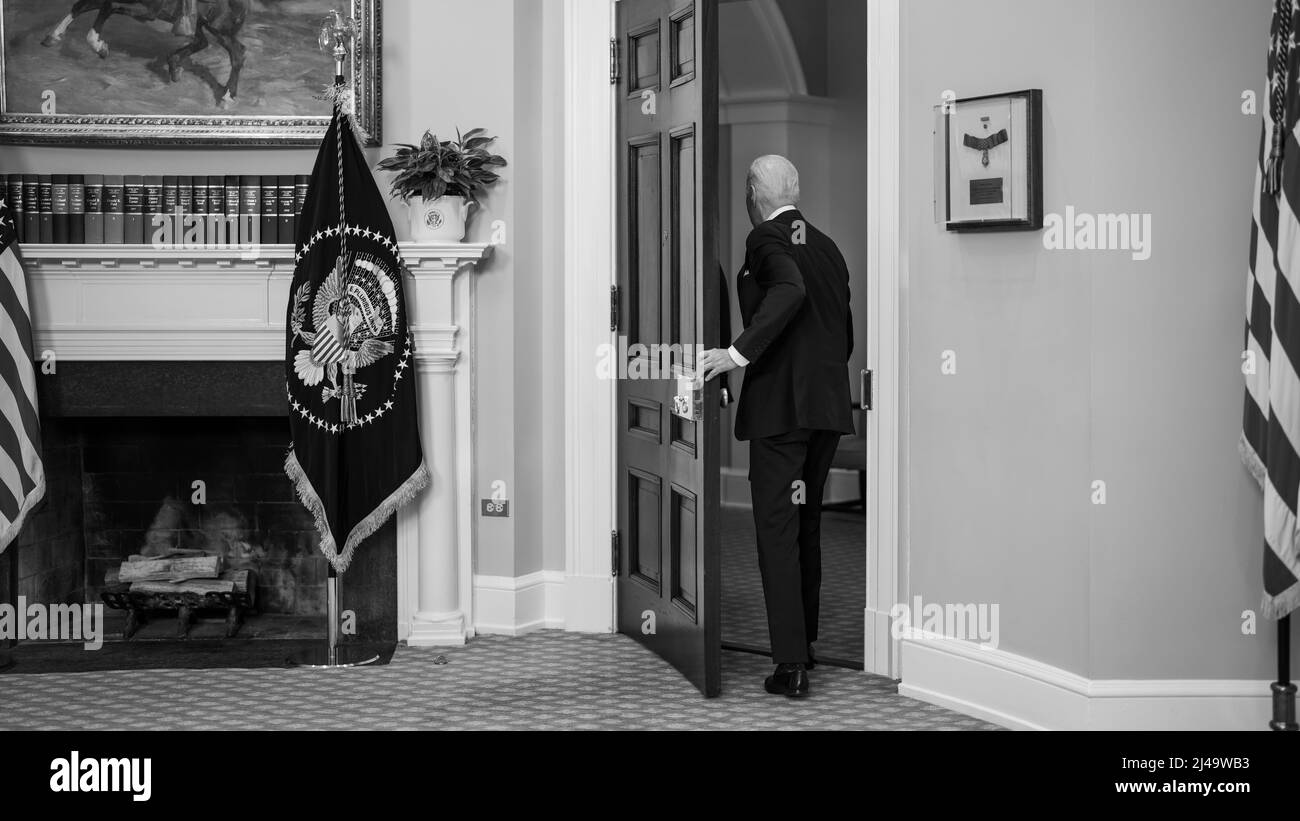 President Joe Biden departs after delivering remarks on a successful counterterrorism operation in Northwest Syria, Thursday, February 3, 2022, in the Roosevelt Room of the White House.(Official White House Photo by Cameron Smith) Stock Photo