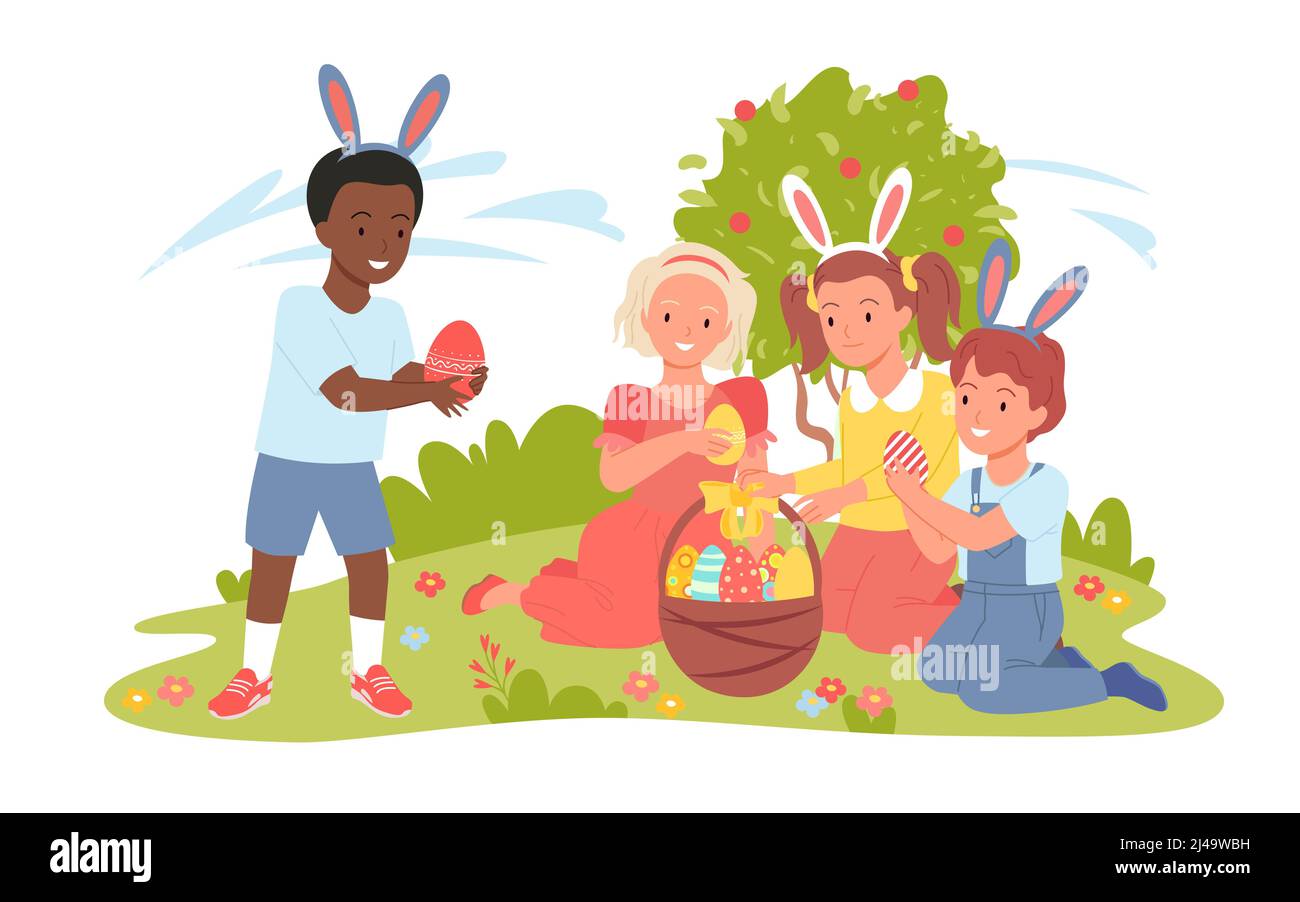 Cute kids find hidden Easter eggs with patterns, adorable children wear