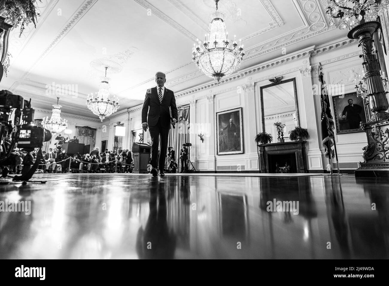 President Joe Biden departs after delivering remarks on the Russian invasion of Ukraine, Thursday, February 24, 2022, in the East Room of the White House.  (Official White House Photo by Adam Schultz) Stock Photo