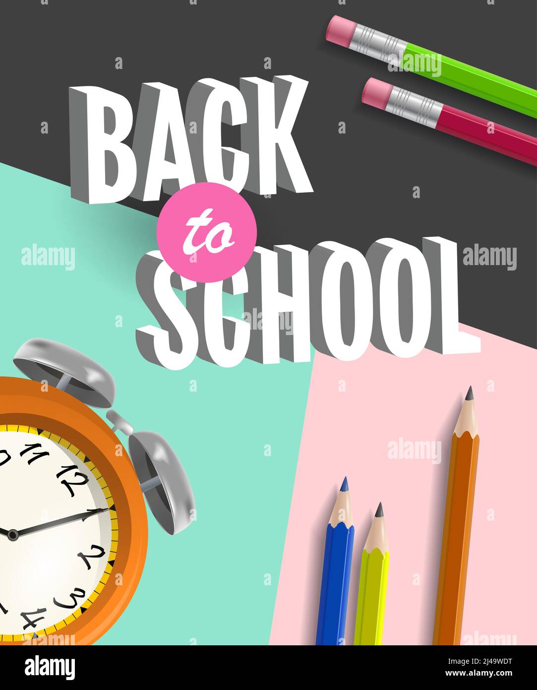Back to school poster design with alarm clock on mint, pink and black ...