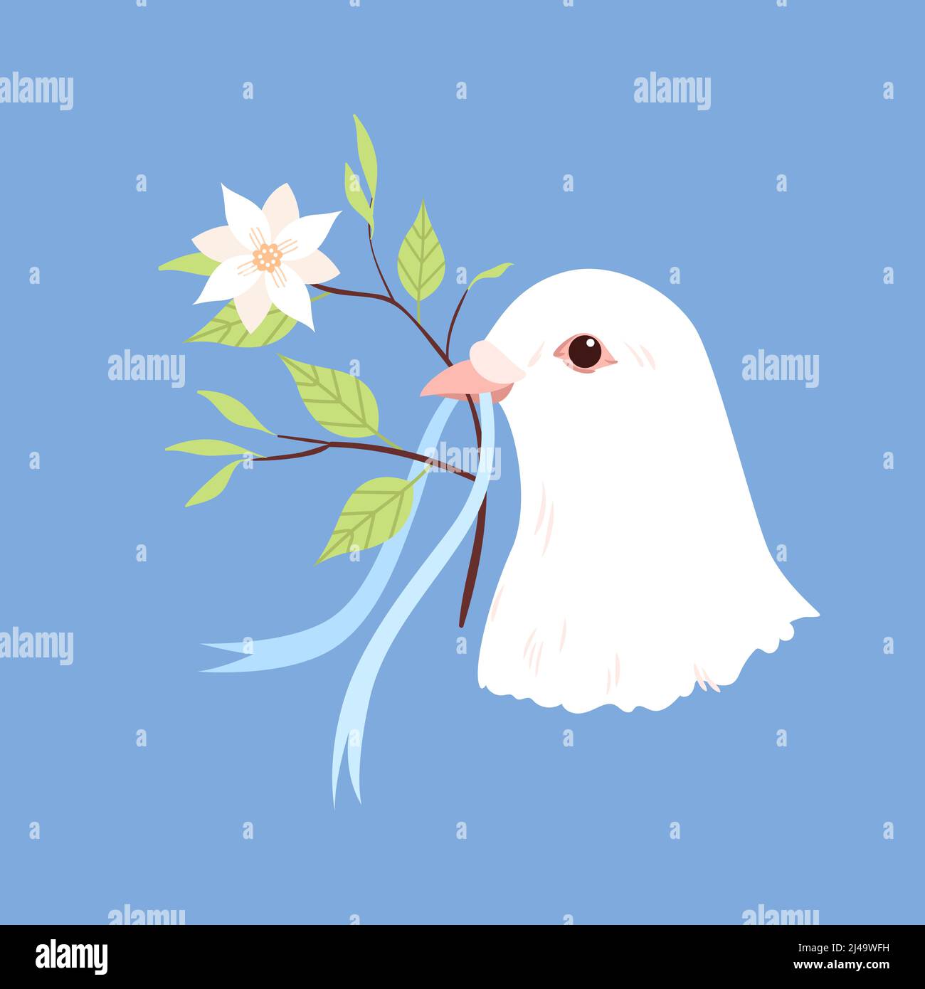 White dove head with branch of plant, spiritual world symbol of hope, peace concept Stock Vector
