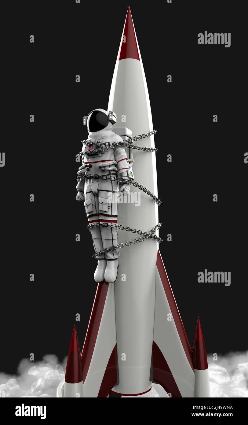 3d Illustration White astronaut tied with the white and red rocket by the chain on dark black background. Astronaut and spaceship. Space concept. Stock Photo
